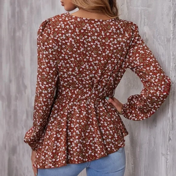 Boho Floral Print Peplum Ruffle Blouse - Picture 4 of 5